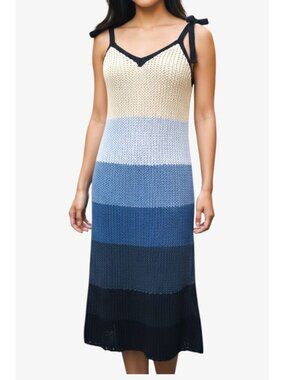 NWT Zara Knit Crochet Midi Dress M Color Block Cream Blue Bow NEW V Neck Bow